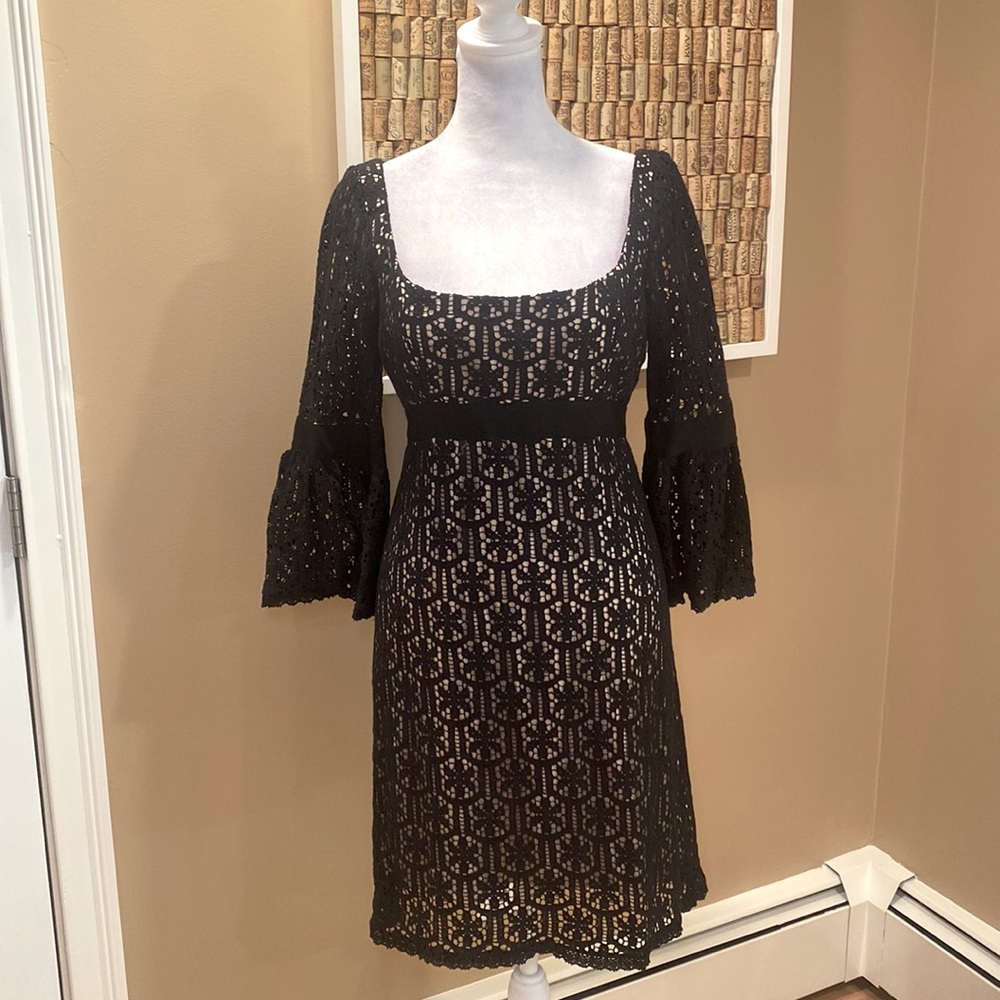 NWT.  Milly Black Cotton Lace Dress with Nude Underlay with bell sleeves